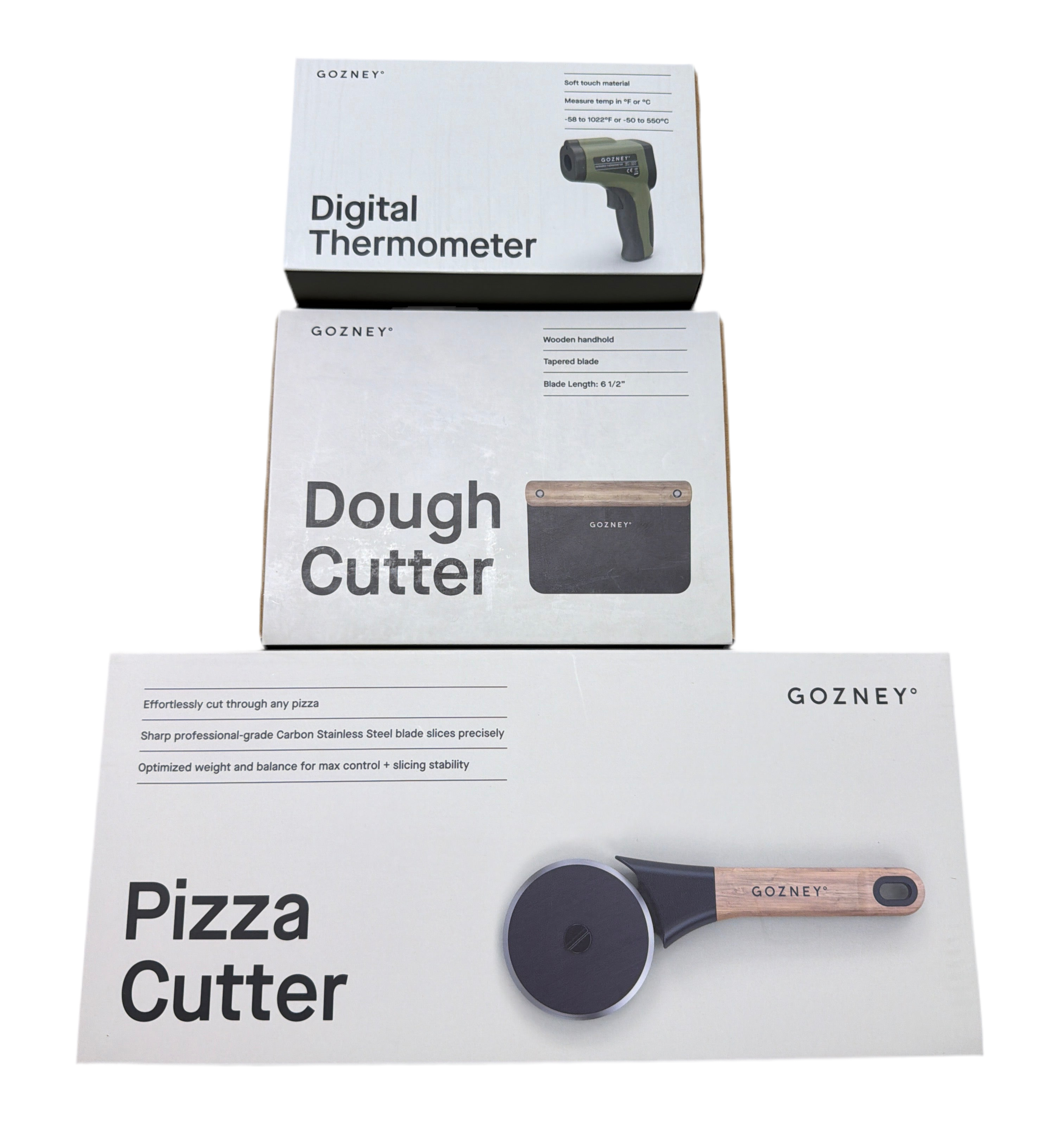 Premium pizzautstyr fra Gozney – pizzakutter, deigkutter og digitalt termometer